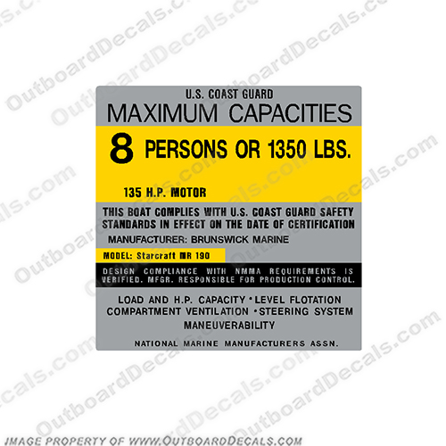 Starcraft MR 190 Brunswick Marine Boat Capacity Decal - 8 Person  capacity, plate, sticker, decal, star, craft, starcraft, brunswick, marine, manufacturing, 8, mr, 190, century, person, persons, 