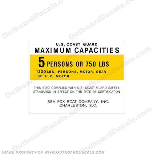 Sea Fox Boat Capacity Decal - 5 Person  capacity, plate, sticker, decal, INCR10Aug2021