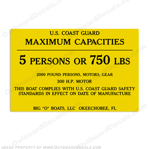 Big O Boats 5 Person Boat Capacity Plate Decal INCR10Aug2021