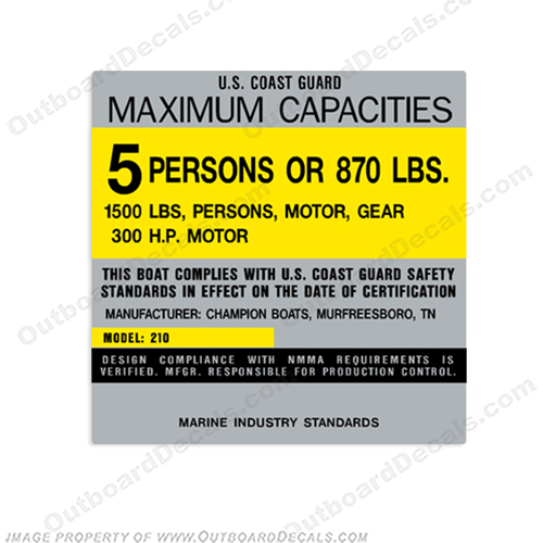 Champion 210 Capacity Decal - 5 Person capacity, plate, sticker, decal, INCR10Aug2021