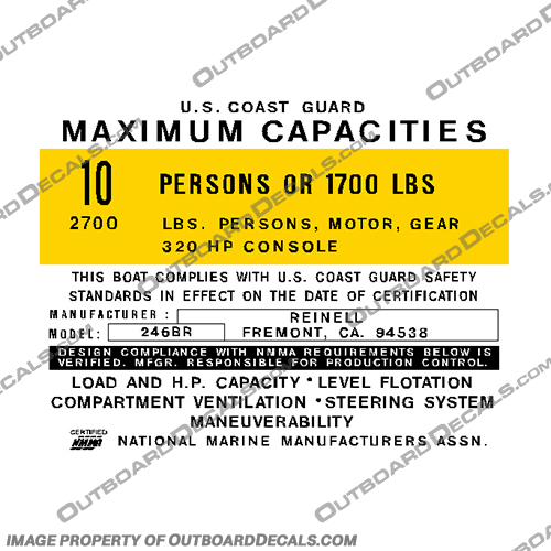 Reinell 246BR 10 Person Boat Capacity Plate Decal capacity, plate, sticker, decal, person, reinell, 10, 256, br, 246br, 