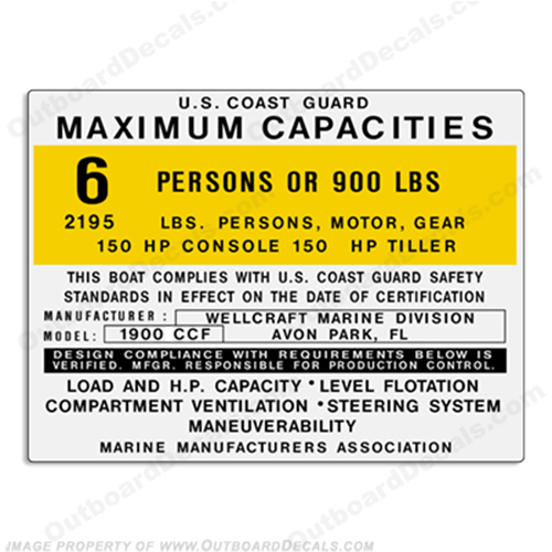 Wellcraft 1900 CCF Capacity Decal - 6 Person capacity, plate, sticker, decal, INCR10Aug2021