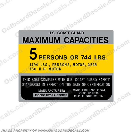 Hydra-Sports 1800DC Capacity Decal - 5 Person   capacity, plate, sticker, decal, hydra, sports, hydro, sport, dc, vector, 1800, dc