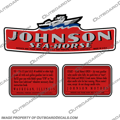 1940 Johnson 1.5hp Sea Horse Decal Kit - MD10, MD15  johnson, seahorse, sea, horse, 1.5, 1.5hp, 1.5 hp, hp, decals, decal, kit, stickers, vintage, m10, m15, md10, md15, 1940, 