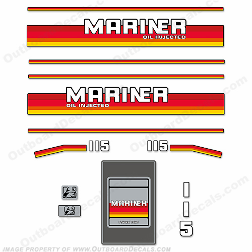 Mariner 115hp Decal Kit - 1980 1981 1982 1983 1984 1985 1986 1987 1988 1989 Mariner, 115, hp, outboard, motor, engine, decal, sticker, kit, set, of decals, stickers, 1980, 1981, 1982, 1983, 1984, 1985, 1986, 1987, 1988, 1989