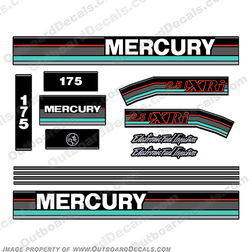 Mercury 1991 1992 1993 1994 1995 175hp 2.5 Liter XRi Outboard Engine Motor Decal Set Aqua mercury, 175, 1991, 1992, 1993, 1994, 1995, XRi, aqua, outboard, motor, engine, decal, sticker, kit, set, 