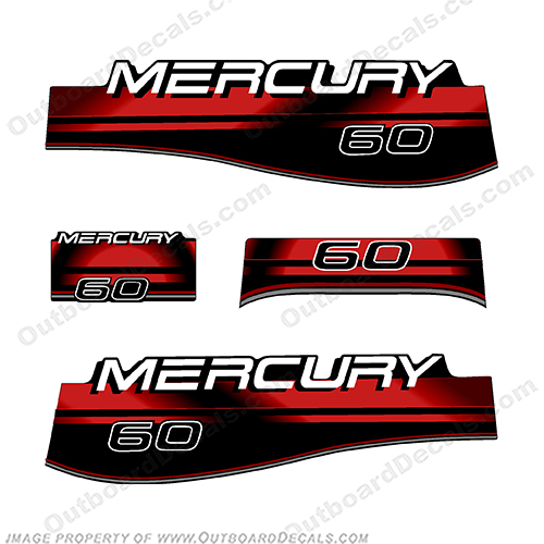 Mercury 60hp Decals - Red 1996-1998 big, foot, big foot, big-foot. 60, 1991, 1992, 1993,1994, 1995, 1996, 1997, 1998, 1999, merc, mercury, outboard, decal, sticker, kit, set, engine, motor, INCR10Aug2021