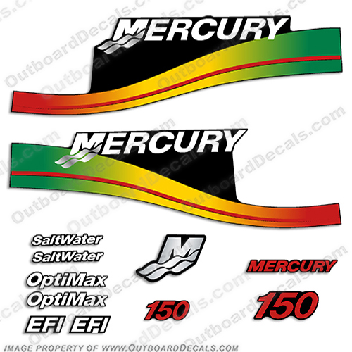 Mercury 150hp Decal Kit - Rasta Colors  mercury, decals, 150, hp, 1999, 2000, 2001, 2002, 2003, 2004, rasta, colors, stickers, decal, kit, set, optimax, saltwater, efi, 