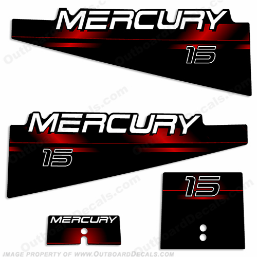 Mercury 15hp Red Decal Kit - 1994 - 1999 mercury, 1994, 1995, 1996, 1997, 1998, 1999, decal, decals, kit, set, stickers, outboard, motor, tiller, tilt, 15, 15hp, 15 hp, 