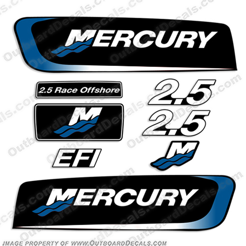 Mercury 2.5 Liter EFI Racing Decal Kit - Custom White/Blue mercury, decals, 2.5, alien, cowl, efi, custom, white ,blue, stickers, decal, kit, set