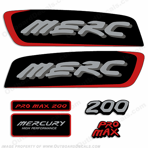 Mercury 200hp Pro Max Decal Kit - Red/Silver pro. max, pro max, pro-max, promax, INCR10Aug2021