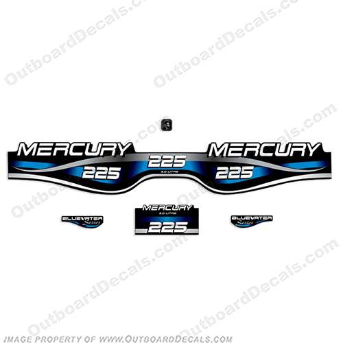 Mercury 225hp 3.0L Bluewater Series Decal Kit (Blue) merc, mercury, blue, water, 3l, 3.0l, 3.0, liter, 2.5, 2l, outboard, engine, motor, decal, sticker, kit, set, decals, mercury, 150, 150 hp, horsepower, 150hp, 1998, 1999, 2000, 2001, 2002, 2003, 2004, 2005, 2006, 2007, 2008, 2009, 2010, electronic, fuel, injection, INCR10Aug2021