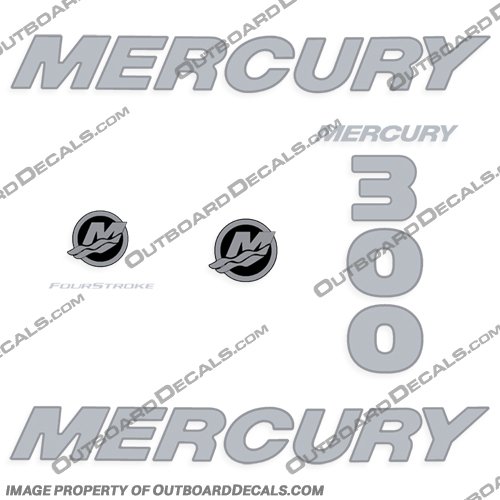 Mercury 300hp Fourstroke Decal Kit - Chrome/Silver - 2019-2023 mercury, 300, fourstroke, chrome, silver, decals, sticker, kit, set, decal, hp, 300hp, 2019, 2020, 2021, 2022, 2023, engine, outboard, 