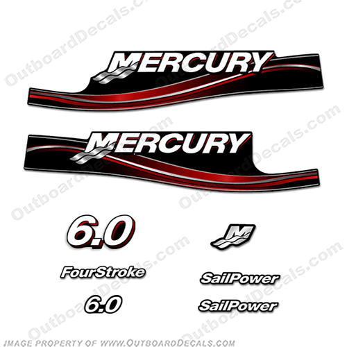 Mercury 6.0hp Four Stroke Sail Power Decal Kit - Red merc, 6hp, 6.0, 6 hp, 6.0hp, hp, 4, 6, fourstroke, sail power, sailpower, motor, engine, decals, 4s, 4-stroke, 4 stroke, stroke, sail, power, INCR10Aug2021