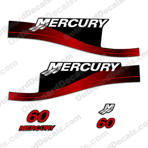 Mercury 60hp Decals (Red) -  Early 2000  mercury, decals, 60, hp, twostroke, 2000, red, decal, set, kit