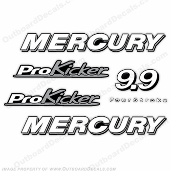 Mercury 9.9 Pro Kicker Decals - Silver 9.9hp, 9.9 hp, 9.9 horsepower, fourstroke , four stroke, 9.9, 4stroke, 4-stroke, 4 stroke, four-stroke, INCR10Aug2021