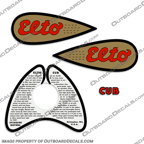 Evinrude 1936-1941 .9hp Elto CUB Decal Kit v1 .9, 1936, 1937, 1938, 1939, 1940, 1941, 36, 37, 38, 39, 40, 41, INCR10Aug2021