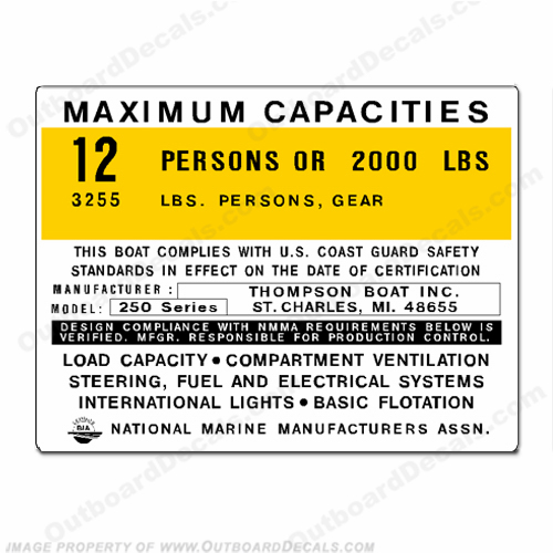 Thompson 250 Series Boat Capacity Decal - 12 person INCR10Aug2021