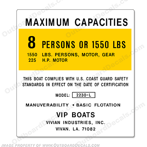 VIP Boats 2230-L Capacity Decal - 8 Person  capacity, plate, sticker, decal, 2230, INCR10Aug2021