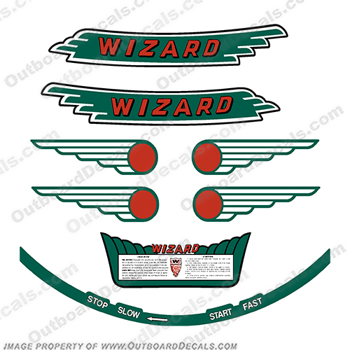 Wizard W Series Outboard Engine Decal Kit - 1940s Wiz, wizard, mercury, power, matic, powermatic, wb2, wb, wb4, wb 2, wb 4,  hp, 1940, 1941, 1942, 1943, 1944, 1945, 1946, 1947, 1948, 1949,, outboard motor, tiller, engine, decal, sticker, kit, set, INCR10Aug2021