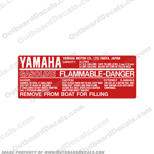 Yamaha 3.7 Gallon (14 Litre) Fuel Tank Decal Gas - Gasoline -Flammable - Danger  outboard, engine, gas, fuel, tank, decal, sticker, replacement, new, 3.7, 14l, 14, 3.1 imp, yamaha, gasoline, flammable, danger,3 1/4, 3, gal, 3.25gal, 3.25gallon, 6, gallon, wiz, wizard, decals, INCR10Aug2021