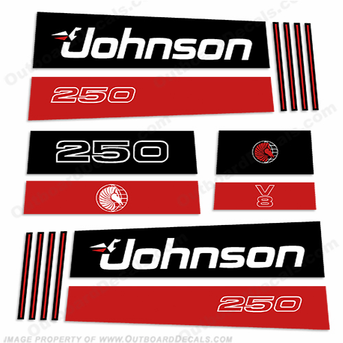 Johnson 250hp V8 Sea Horse Decals - Early 1990s 250, sea, horse, seahorse, 1990, 1991, 1992,1 993, 1994, 1995, 19996, 1997,  hp, outboard motor, tiller, engine, v8 decal, sticker, kit, set, INCR10Aug2021