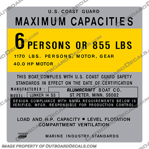 Alumacraft Lunker 14 SS Boat Capacity Decal - 6 Person aluma craft, Lunker, 14, SS, Alumacraft, Boat, Capacity, Decal, Decals, 6, person, 855, pounds