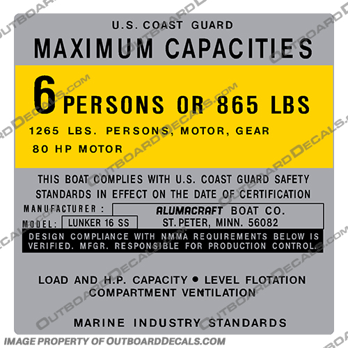 Alumacraft Lunker 16 SS Boat Capacity Decal - 6 Person aluma craft, Lunker, 16, SS, Alumacraft, Boat, Capacity, Decal, Decals, 6, person, 865, pounds