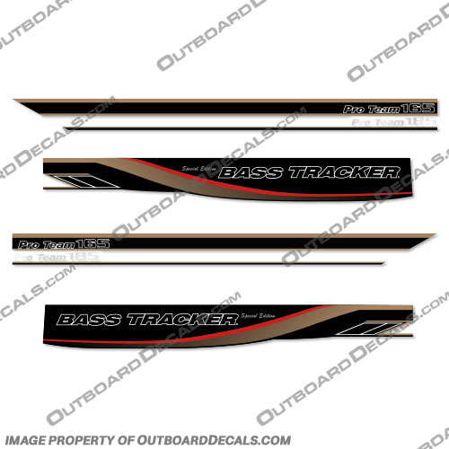 Bass Tracker Pro Team 165 Decals - Black / Gold / Red  Bass, tracker, fish, the, finest, boat, boats, logo, lettering, decal, sticker, hull, sticker, pro, team, 165, hp, 165hp, 165 hp, black, gold, red, decals, sticker, outboard, 