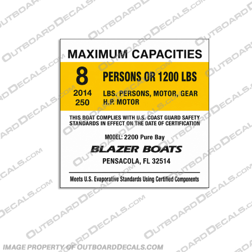 Blazer Boats 2200 Pure Bay 8 Person Decal capacity, plate, sticker, decal, Balzer, Boat, Boats, 2200, Pure, Bay, 8, Person, People, 