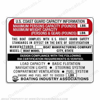 Boat Capacity Plate Decal - Generic Type A INCR10Aug2021