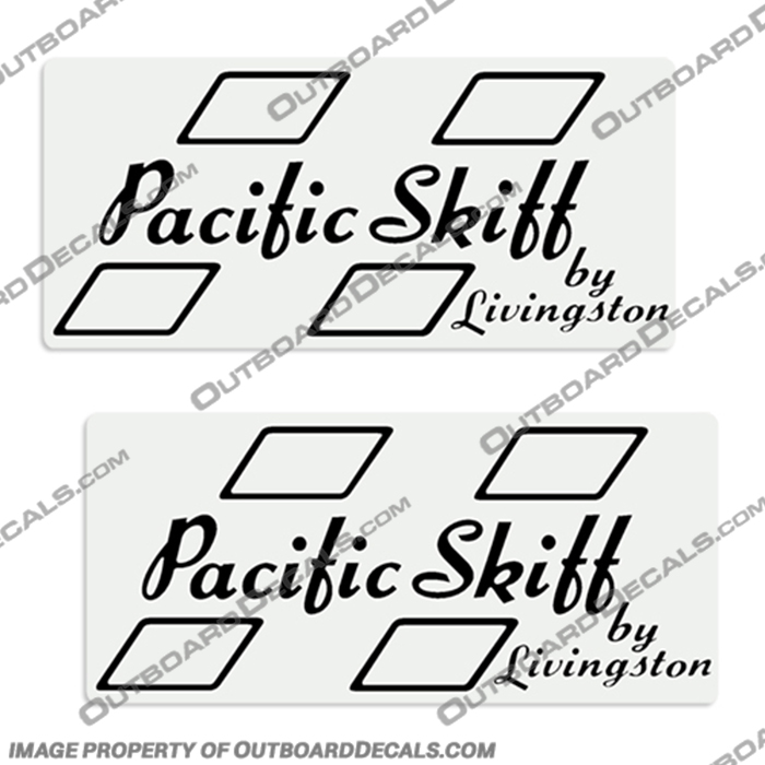 Pacific Skiff by Livingston Boat Decals - (Set of 2)  pacific, skiff, by, livingston, boat, decals, set, of, 2, two, small, little, stickers, clear, 