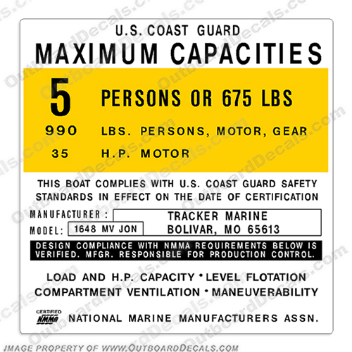 Tracker Marine 1648 MV Jon Capacity Decal - 5 Person  capacity, decal, 1648, mv, jon, tracker, marine ,5, person, label, sticker