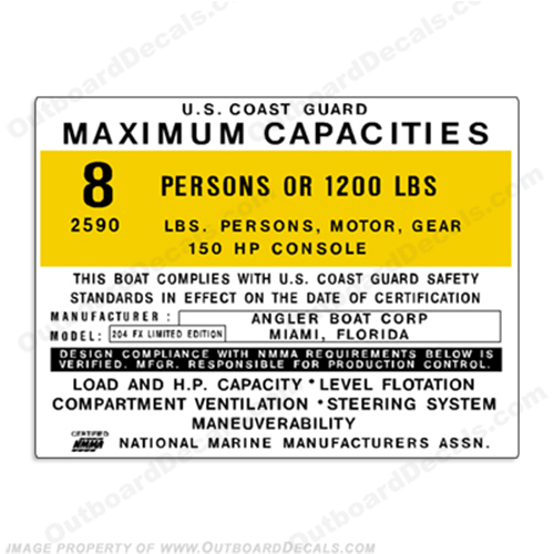 Angler 204 FX Capacity Decal - 8 Person capacity, plate, sticker, decal, 204fx, 204-fx, INCR10Aug2021