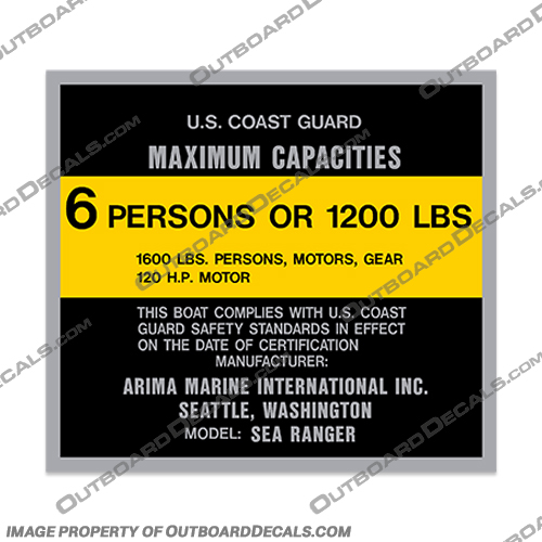 Sea Ranger Arima Marine International Capacity Decal - 6 Person   capacity, decal, arima, marine, 16, element, 88hp, 6, person, label, plate ,sticker