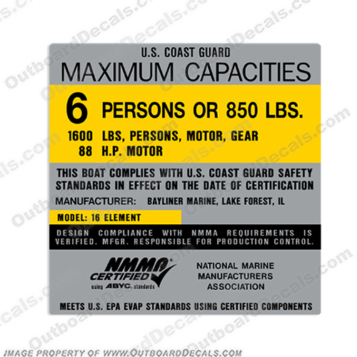 Bayliner Marine 16 Element Capacity Decal - 6 Person  capacity, decal, bayliner, marine, 16, element, 88hp, 6, person, label, plate ,sticker