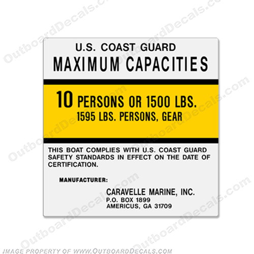 Caravelle 212 Capacity Decal - 10 Person capacity, plate, sticker, decal, 212, 10, INCR10Aug2021