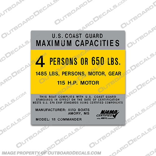 Capacity Decal for Avid 18 Commander 4 Person Boats Capacity, Decal, for, Avid, 18, commander, 4, person, people, persons, boat, boats,