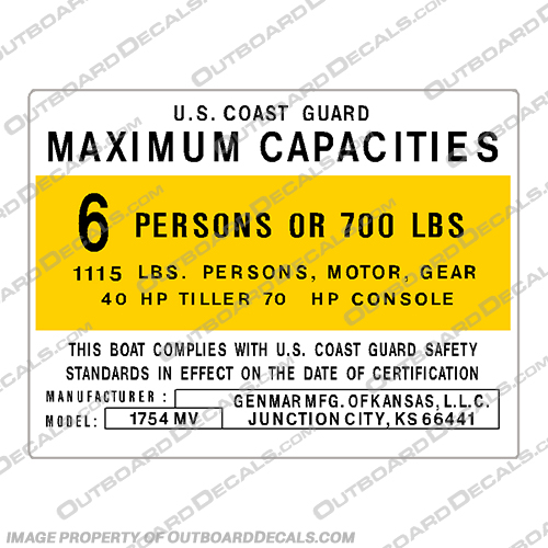 Genmar 1754 Boat Capacity Decal - 6 Person capacity, plate, sticker, decal, Genmar, 1754, boat, 6, six, Person, capacity, plate, console, decal, sticker