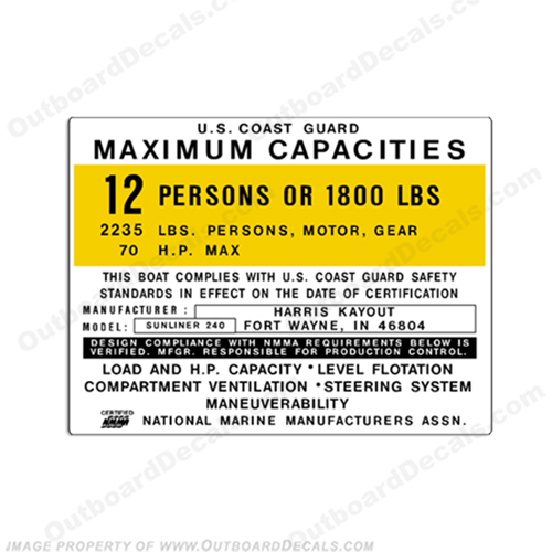 Harris Kayout 240 Sunliner 12 Person Boat Capacity Plate Decal INCR10Aug2021