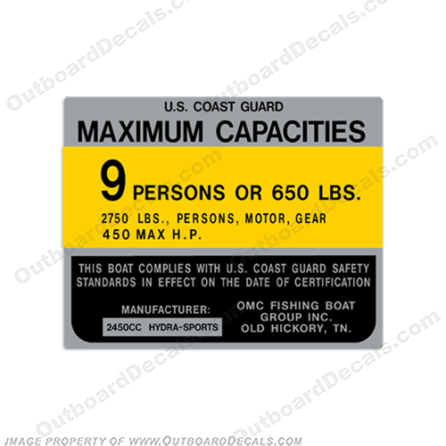 Hydra-Sports 2450cc 9 Person Boat Capacity Plate Decal  hp, outboard, boat, motor, tiller, capacity, decal, sticker, kit, set, rating, coast, guard, nmma, safety,INCR10Aug2021