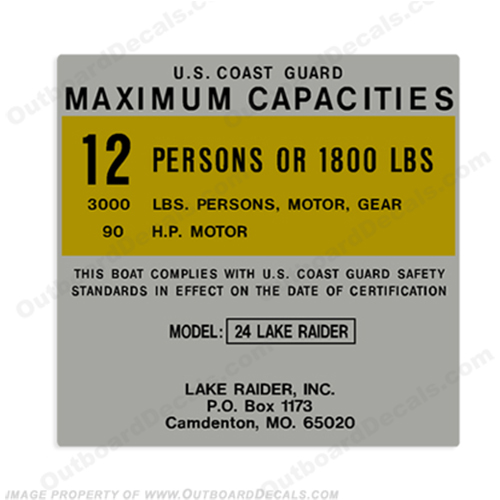 Lake Raider 24 12 Person Boat Capacity Plate Decal INCR10Aug2021