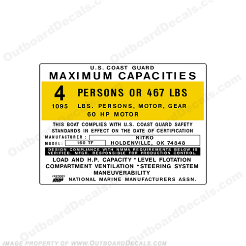 Nitro 160 TF Capacity Decal - 4 Person capacity, plate, sticker, decal, 160TF, INCR10Aug2021