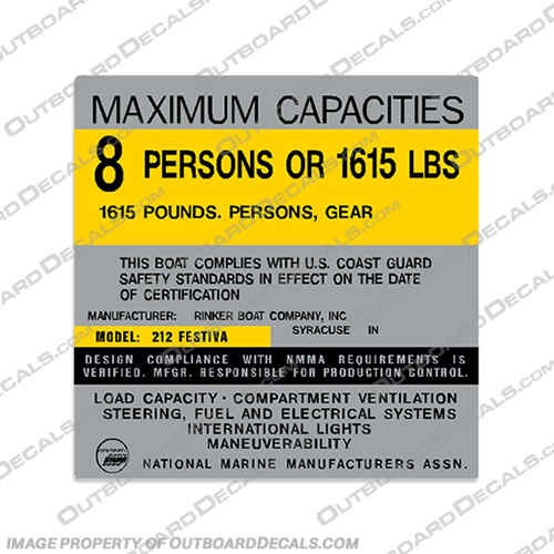 Rinker 212 Festiva Boat Capacity Decal - 8 person Rinker, 212, Festiva, Boat, Capacity, Decal, Decals, 8, Eight, Person, people,