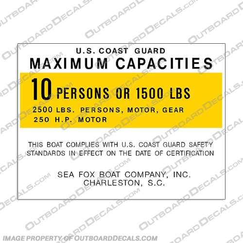 Sea Fox Boat Capacity Decal - 10 Person capacity, plate, sticker, decal, Sea, fox, boat, 10, person, people, persons,