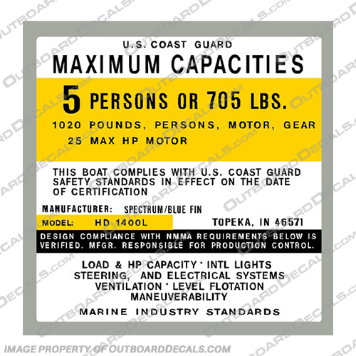 Spectrum Blue Fin HD 1400L Boat Capacity Decal - 5 Person spectrum, blue, fin, hd, 1400, 1400L, L, Boat, Capacity, Decal, Decals, 5, person, 705, pounds,