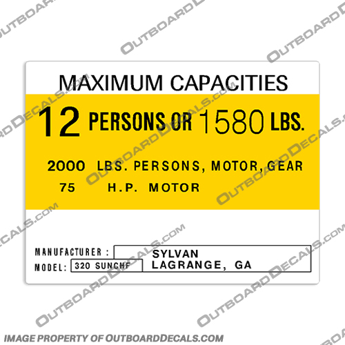 320 SYLVAN SUNCHF 12 person Boat Capacity Decal capacity, plate, sticker, decal, 320, Sylvan, Sunchf, 12, person, Boat,