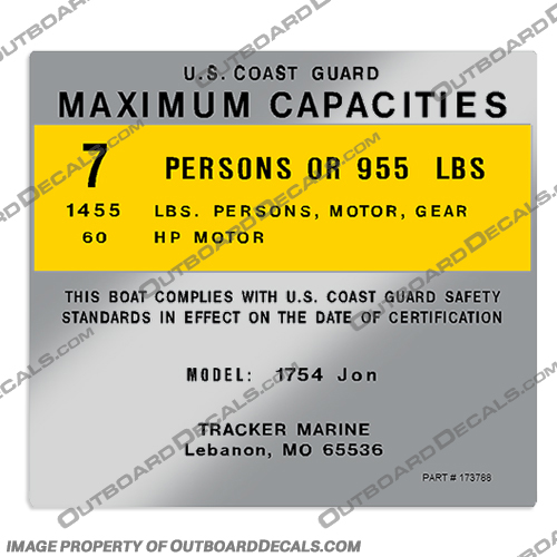Tracker Marine 1754 Jon Boat Capacity Decal capacity, plate, sticker, decal, Tracker, Marine, 1754, Jon, Boat, 7, 7 person, person, people
