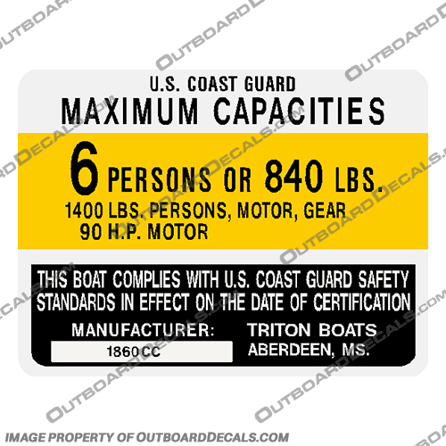 Triton 2004 CC Boat Capacity Decal - 6 person triton, 2004, cc, boat, capacity, plate, decal, sticker, 6, person, persons, 