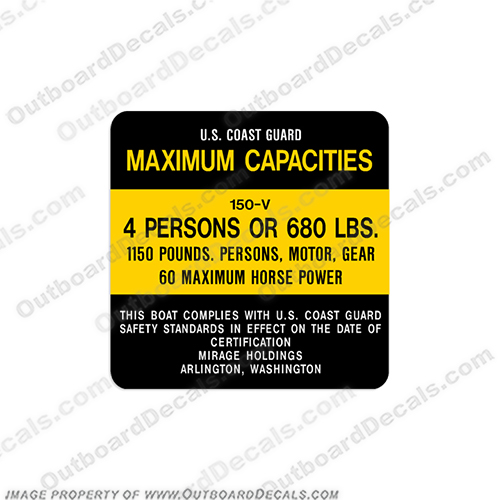 Mirage Holdings 150-V Capacity Decal - 4 Persons capacity,decals,mirage,holdings,150-v,4,persons,label,plate,sticker